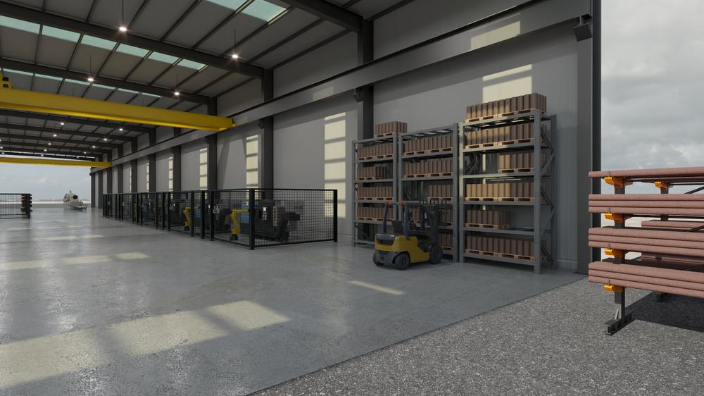 Visualisation of the planned racking, with the machining line beyond.