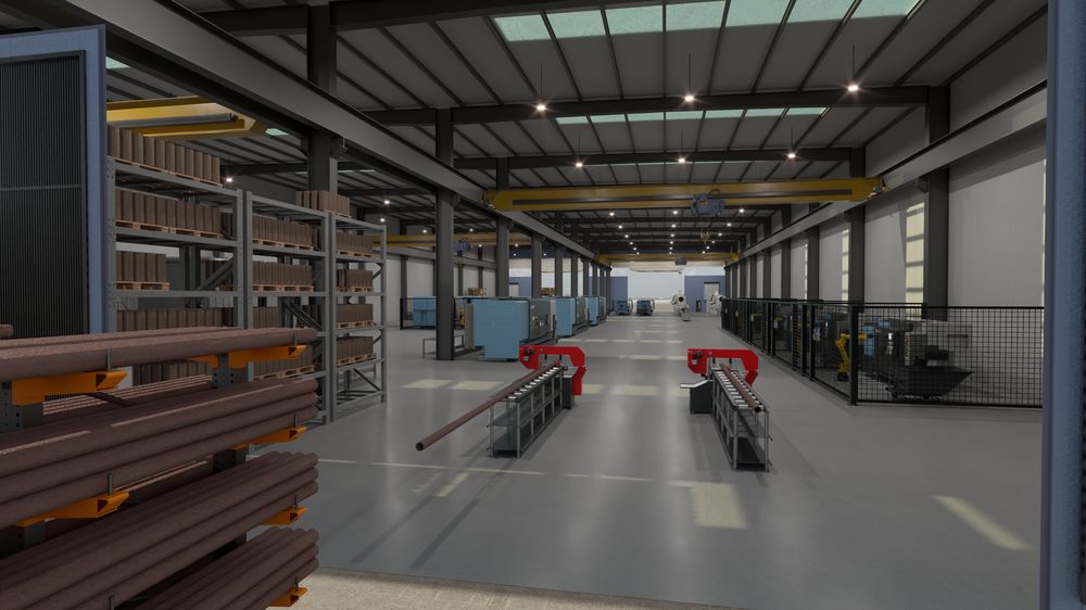 Visualisation of the planned saw line, with bar stock on the racking beside it.